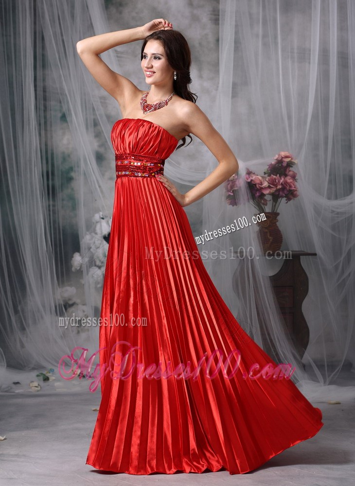 Pleated Wine Red Strapless Prom Dress with Beaded Belt