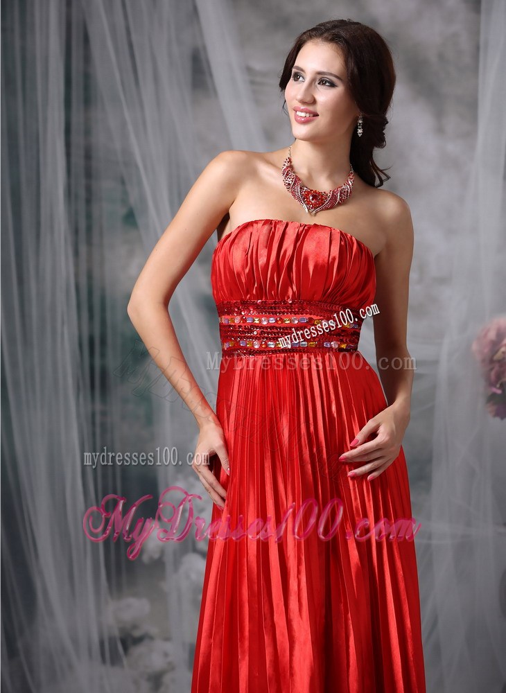 Pleated Wine Red Strapless Prom Dress with Beaded Belt