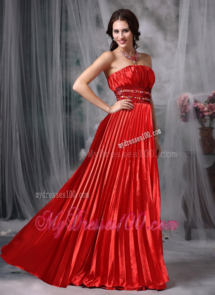 Pleated Wine Red Strapless Prom Dress with Beaded Belt
