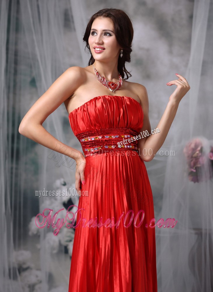 Pleated Wine Red Strapless Prom Dress with Beaded Belt