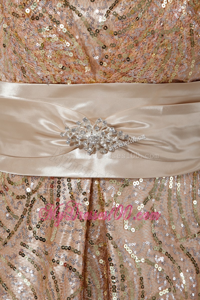 Long Champagne Prom Dress with Full Sequins and Bow