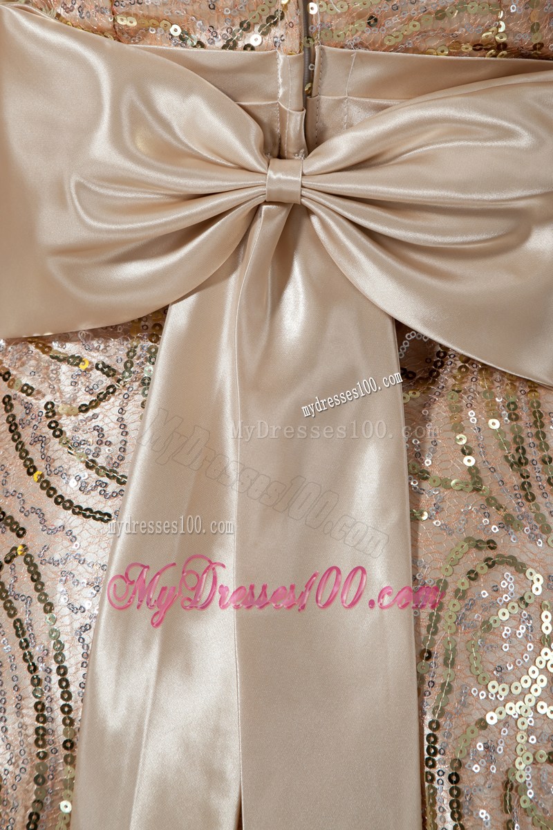 Long Champagne Prom Dress with Full Sequins and Bow