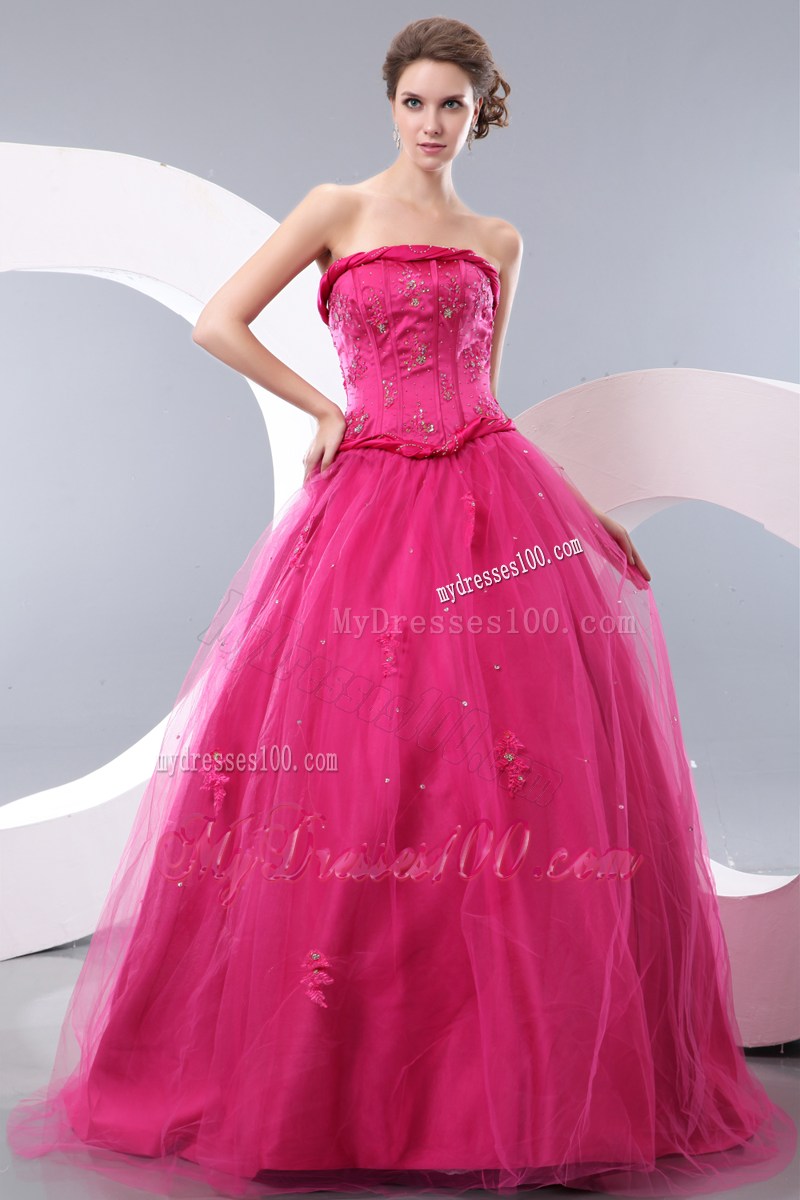 Beaded Bodice A-line Tulle Prom Dresses in Hot Pink
