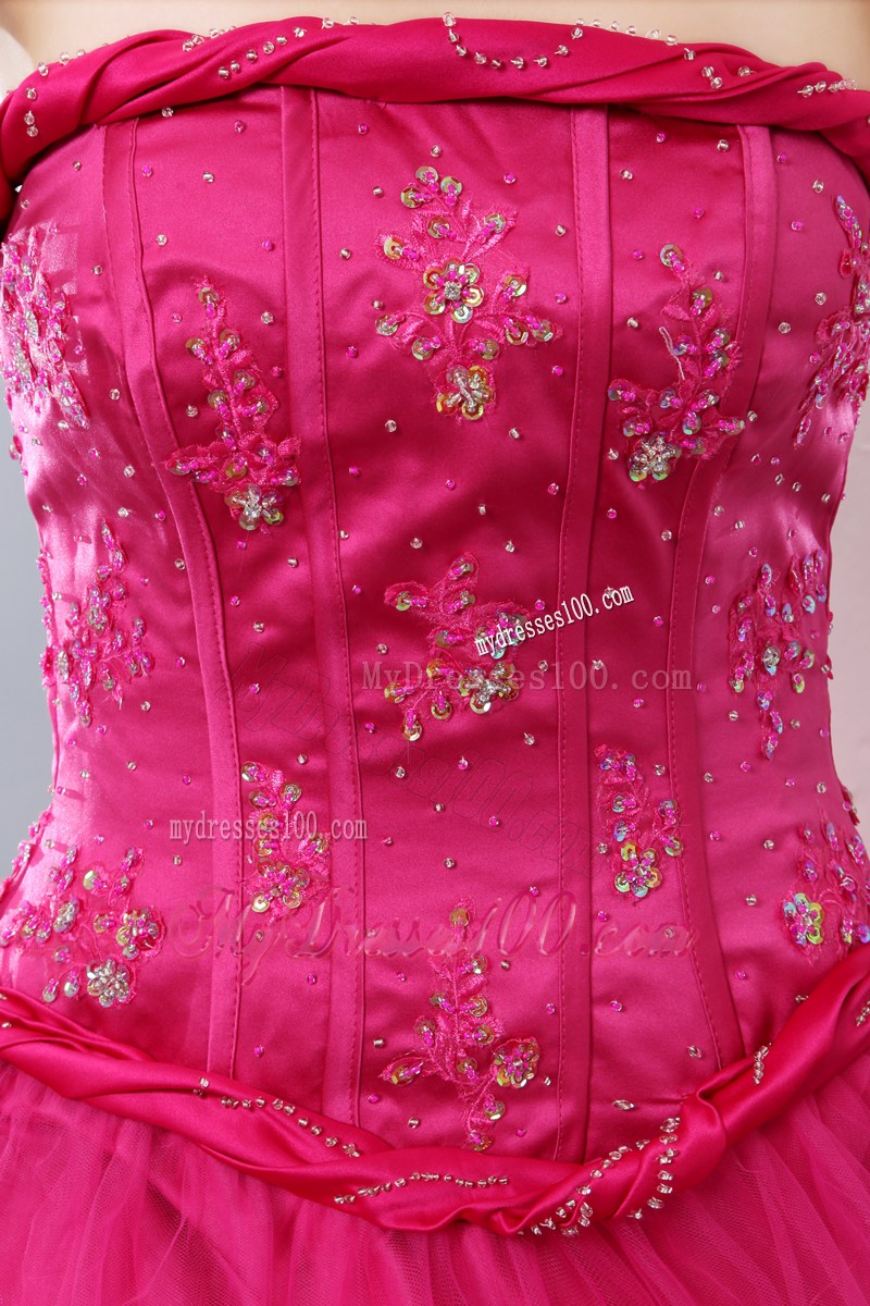Beaded Bodice A-line Tulle Prom Dresses in Hot Pink