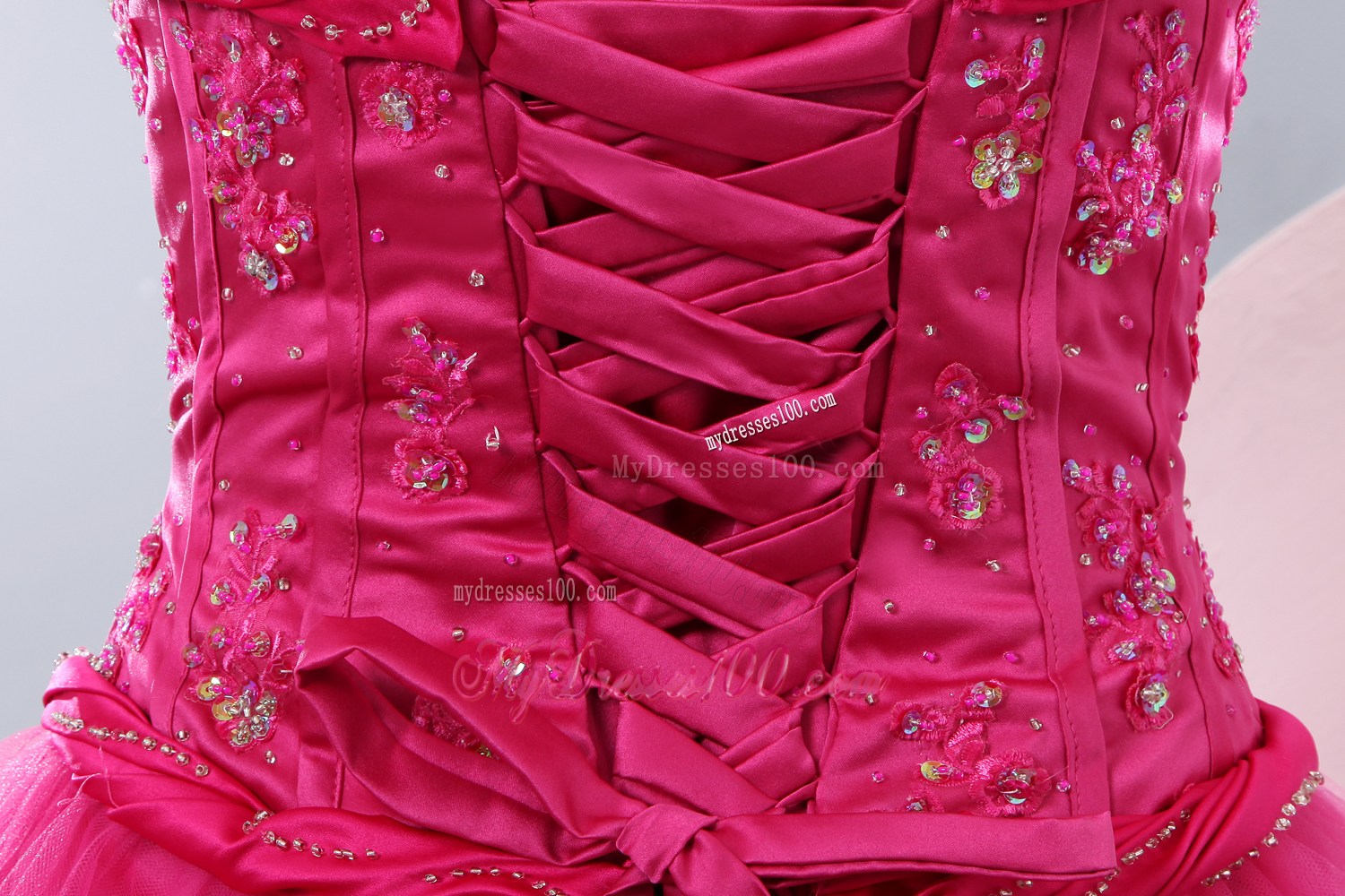 Beaded Bodice A-line Tulle Prom Dresses in Hot Pink