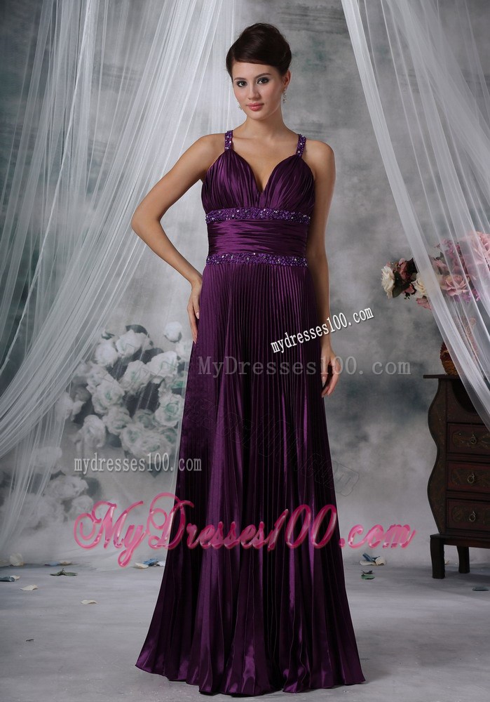 Purple Column Straps V-neck Style Beading Decorate Prom Dress
