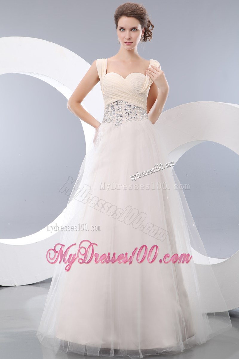 Beading and Ruches Decorate Prom Dress with Straps