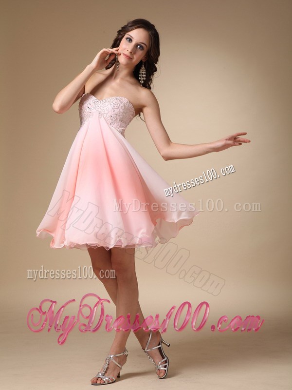 A-line Beading Sweetheart Prom Gowns in Pink with Ruffled Hemline