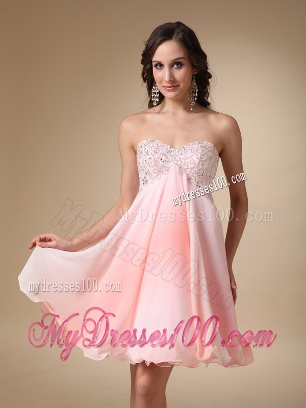 A-line Beading Sweetheart Prom Gowns in Pink with Ruffled Hemline