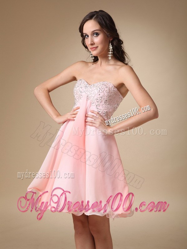 A-line Beading Sweetheart Prom Gowns in Pink with Ruffled Hemline