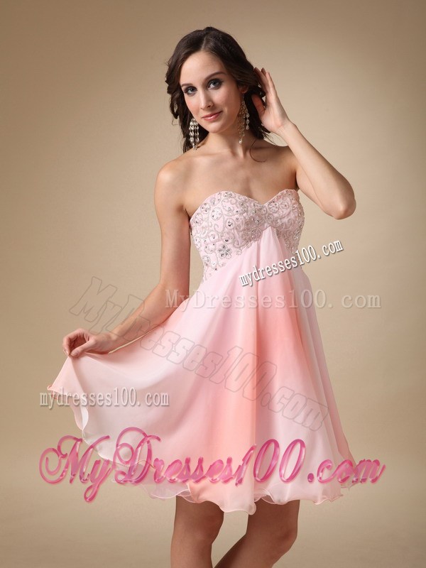 A-line Beading Sweetheart Prom Gowns in Pink with Ruffled Hemline