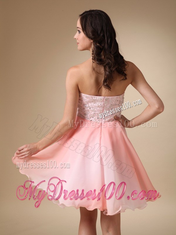 A-line Beading Sweetheart Prom Gowns in Pink with Ruffled Hemline
