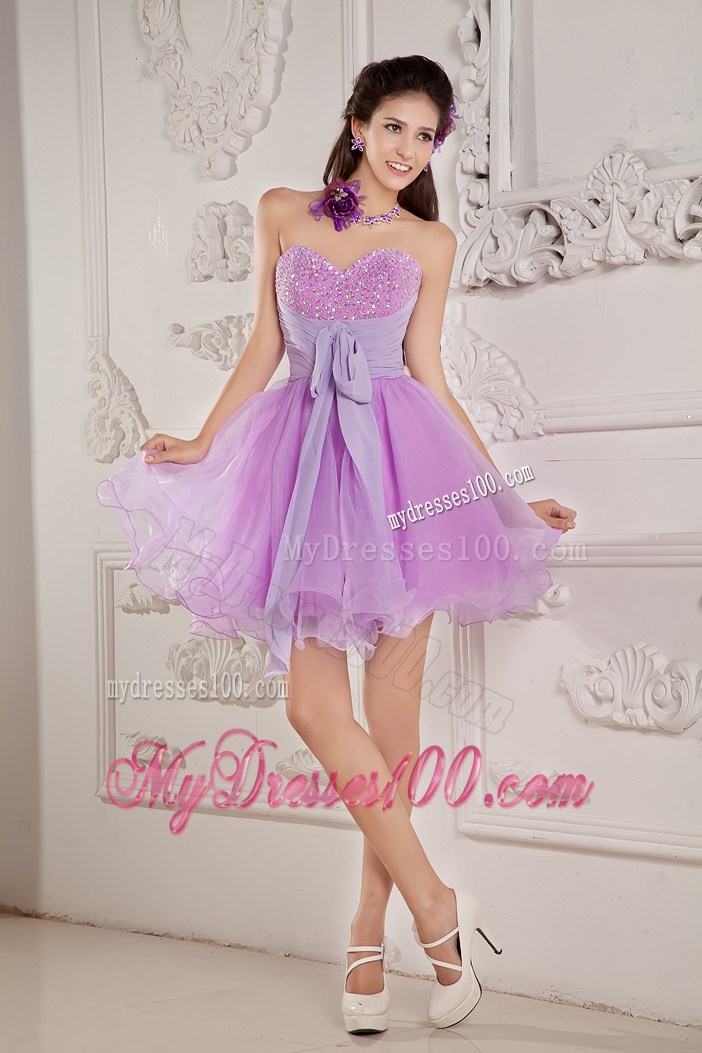 Mini Lilac Organza Prom Dress with Beading and Bowknot