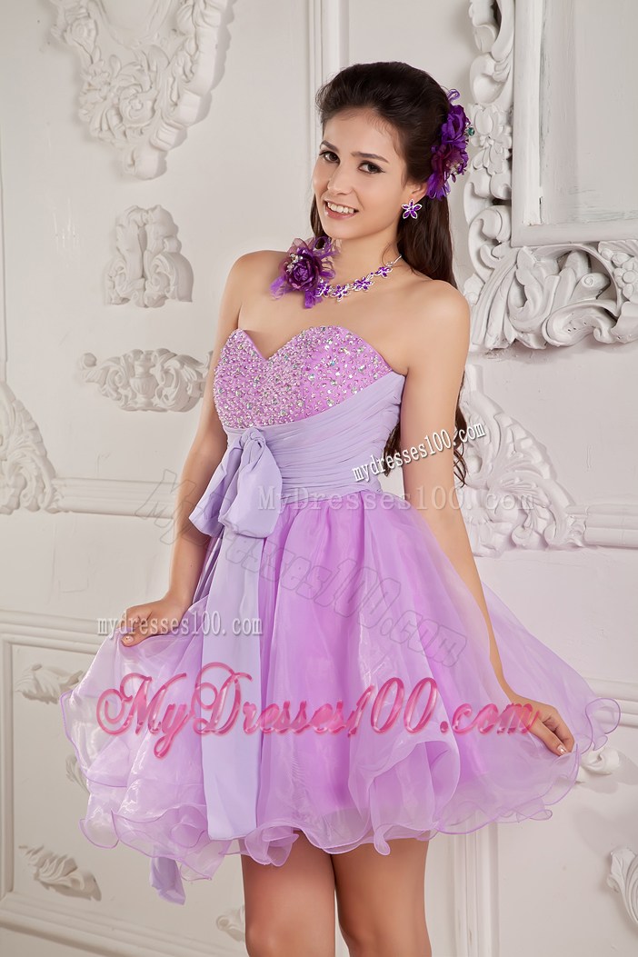 Mini Lilac Organza Prom Dress with Beading and Bowknot