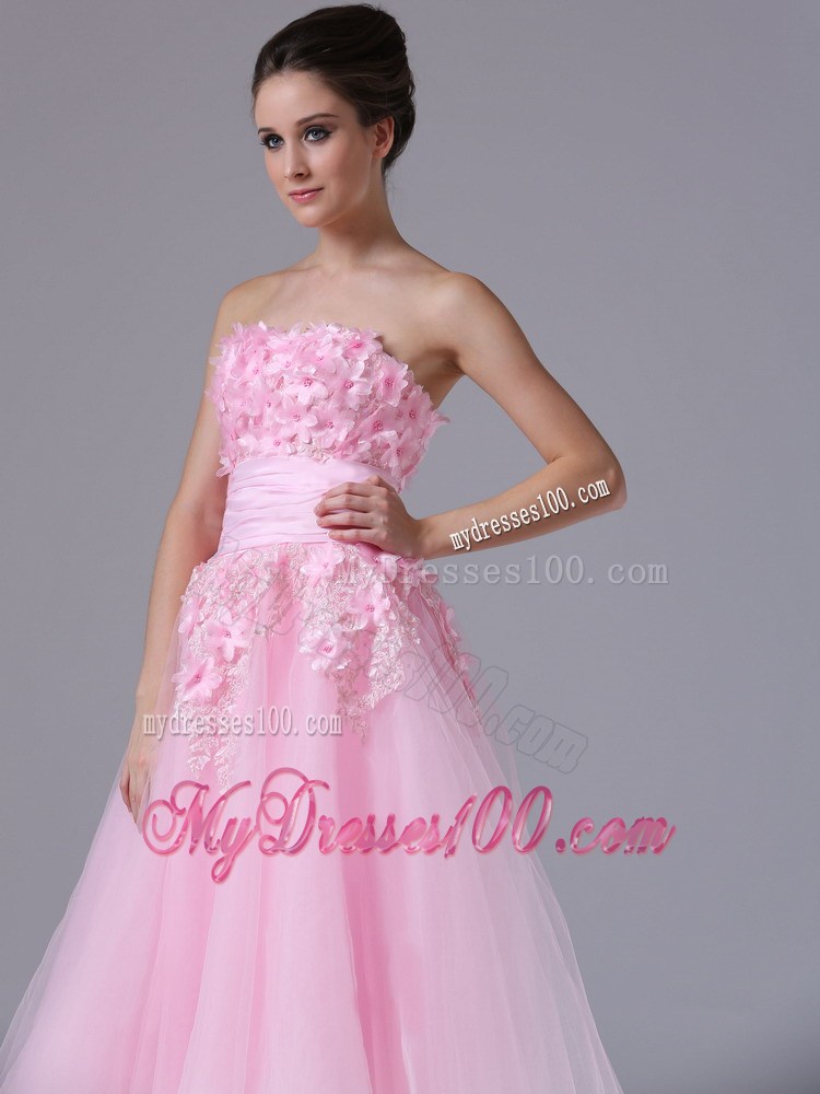 Handle-Made Flower Decorate Sweetheart maxi Prom Gowns in Pink