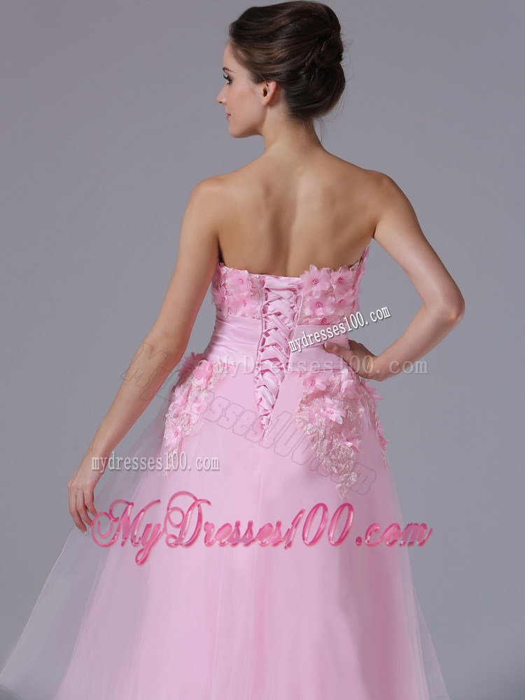 Handle-Made Flower Decorate Sweetheart maxi Prom Gowns in Pink