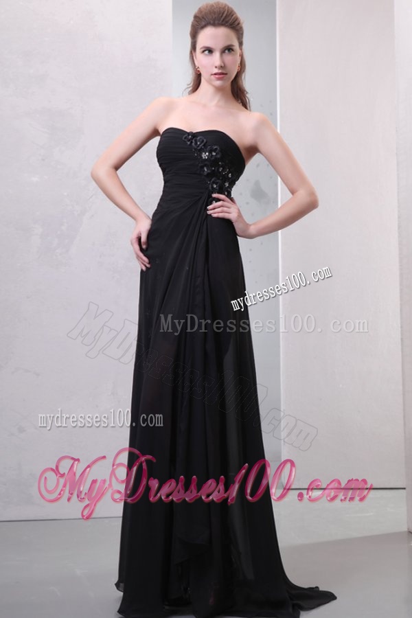 Sweetheart Hand Made Flowers and Silt Chiffon Black Evening Dress