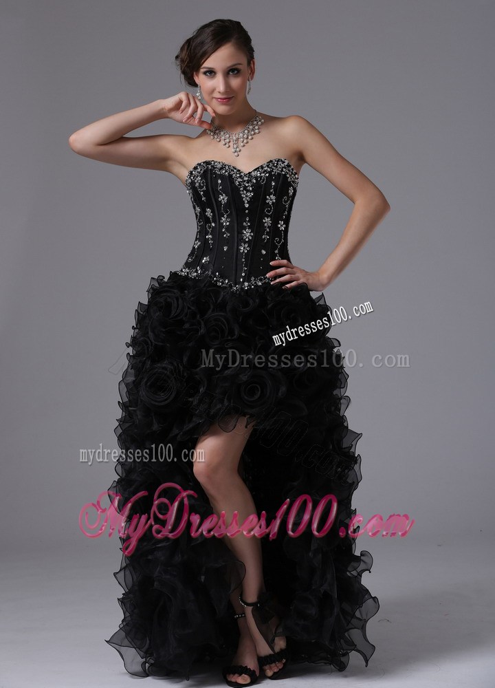 Black Hi-lo Beaded Appliques Dress for Prom with Ruffles and Sweep Train