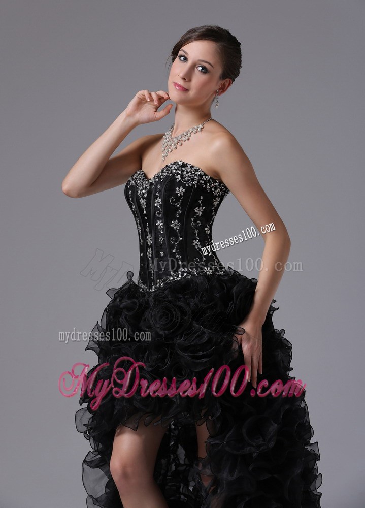 Black Hi-lo Beaded Appliques Dress for Prom with Ruffles and Sweep Train