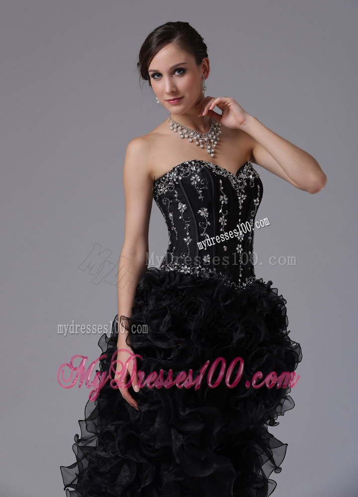Black Hi-lo Beaded Appliques Dress for Prom with Ruffles and Sweep Train