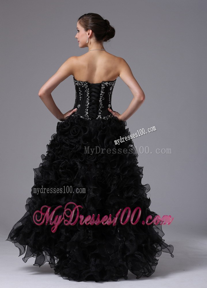 Black Hi-lo Beaded Appliques Dress for Prom with Ruffles and Sweep Train