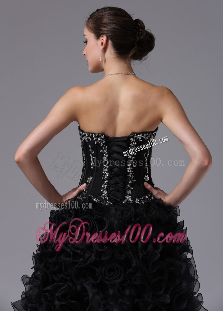 Black Hi-lo Beaded Appliques Dress for Prom with Ruffles and Sweep Train