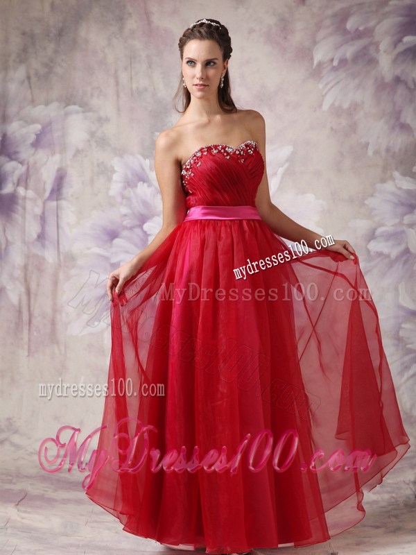 Customize Red Sweetheart Prom Evening Dress with Fuchsia Sash