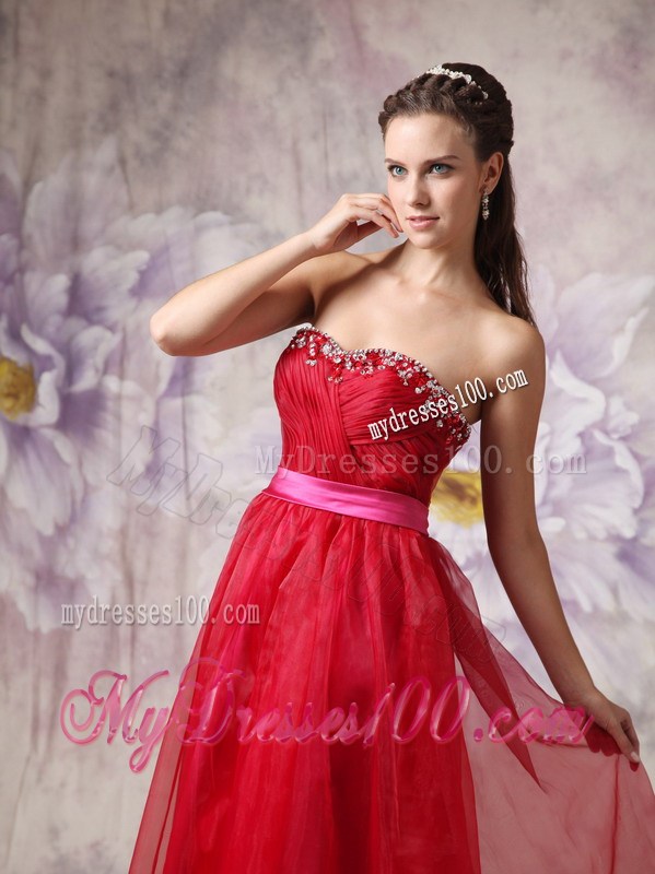 Customize Red Sweetheart Prom Evening Dress with Fuchsia Sash