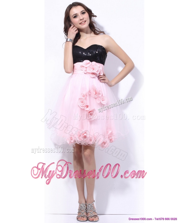 Sweetheart Sequins and Hand Made Flowers Evening Dresses in Pink and Black