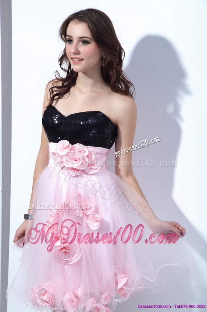 Sweetheart Sequins and Hand Made Flowers Evening Dresses in Pink and Black