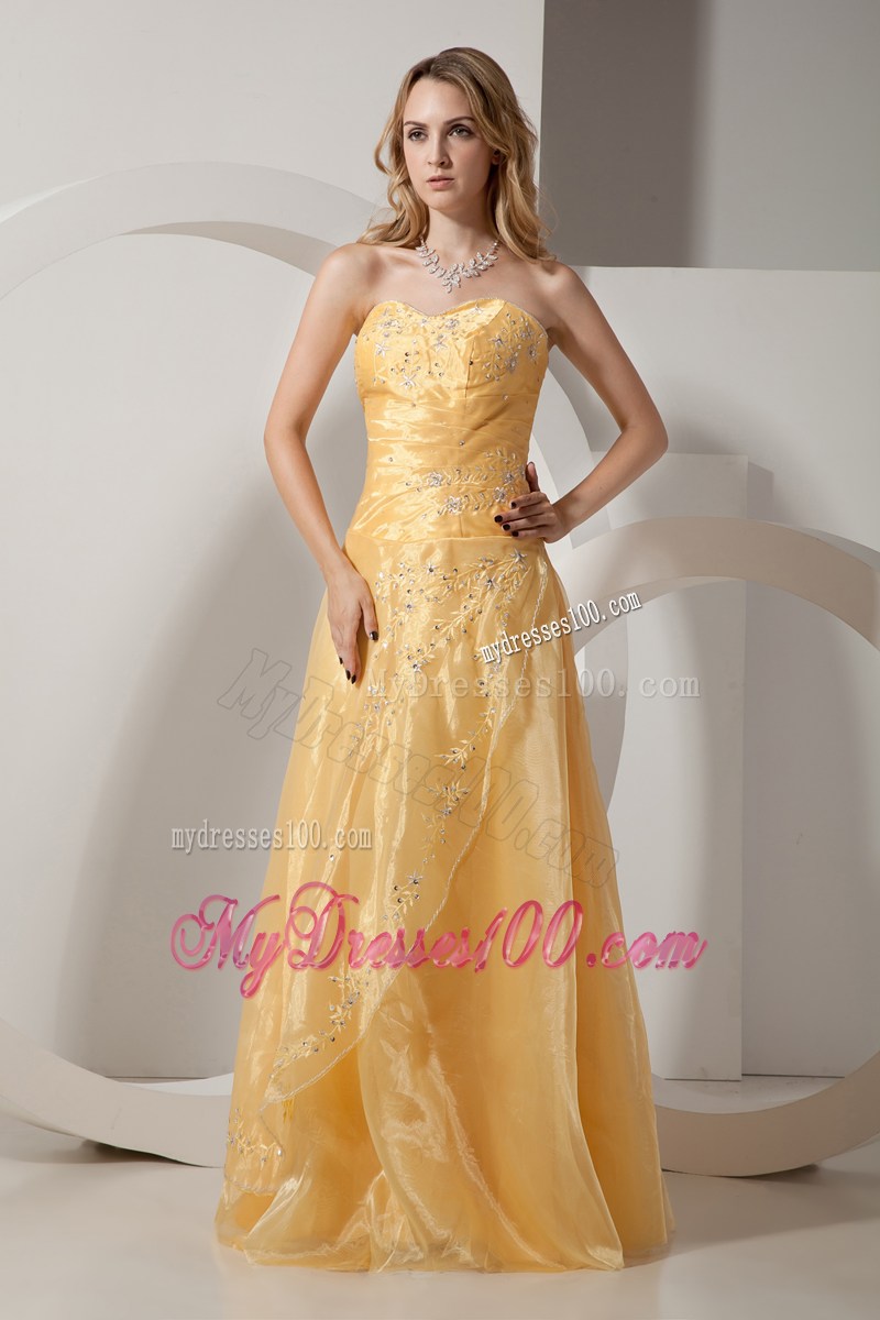 Beaded Yellow Organza Dresses for Prom of Floor-length