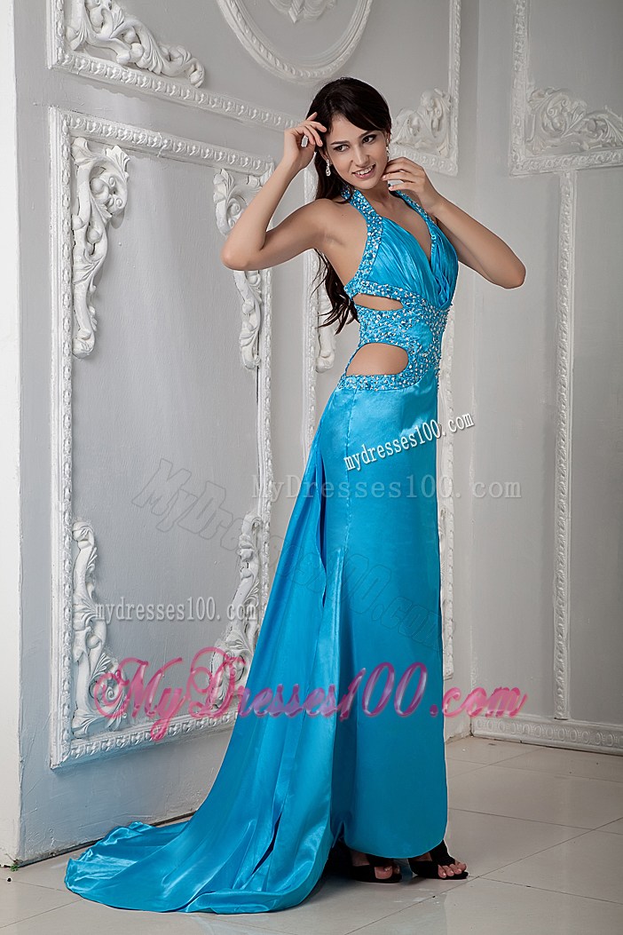 Halter Teal Brush Prom Gown with Cutout Waist and Side Slit