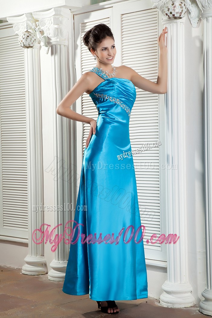 Affordable One Shoulder Blue Prom Dress of Ankle-length