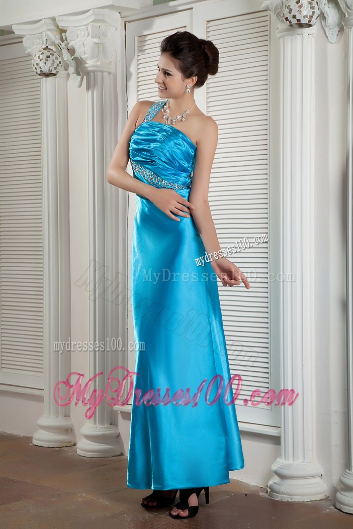 Affordable One Shoulder Blue Prom Dress of Ankle-length