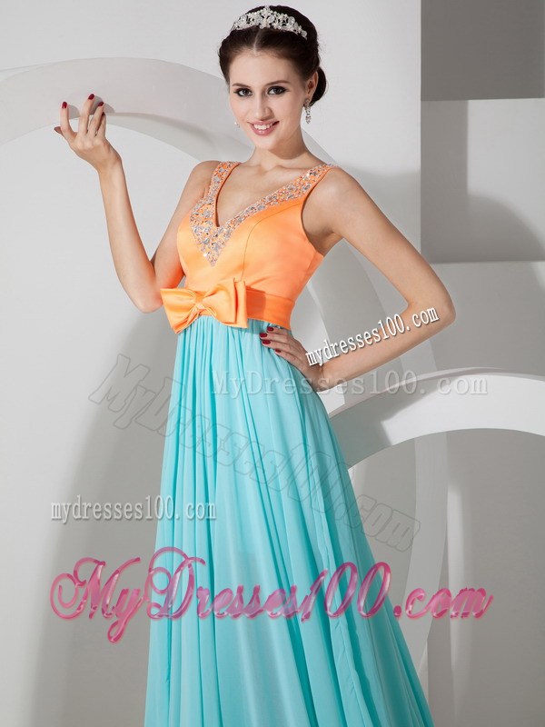 Customize Aqua Blue and Orange Prom Dress V-neck Neckline