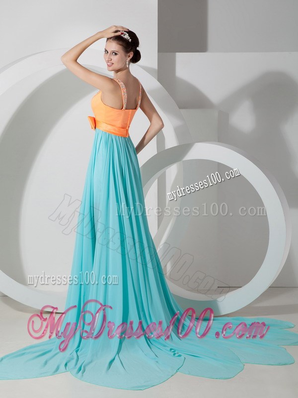 Customize Aqua Blue and Orange Prom Dress V-neck Neckline
