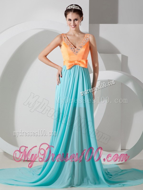 Customize Aqua Blue and Orange Prom Dress V-neck Neckline