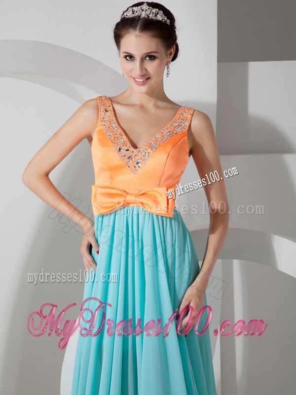 Customize Aqua Blue and Orange Prom Dress V-neck Neckline