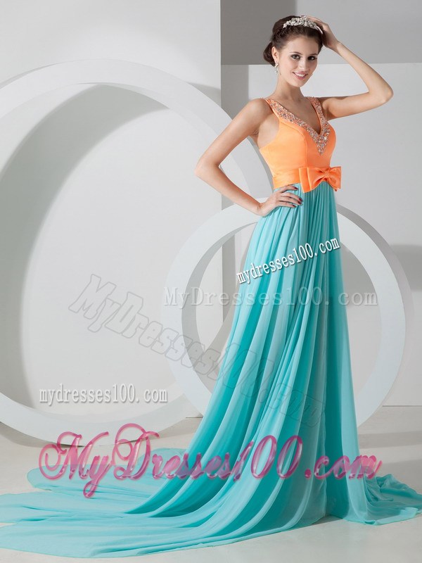 Customize Aqua Blue and Orange Prom Dress V-neck Neckline