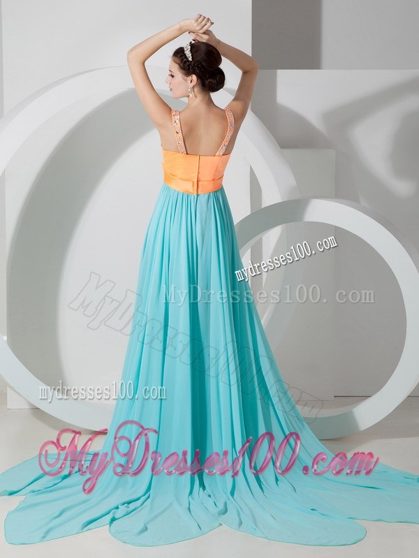 Customize Aqua Blue and Orange Prom Dress V-neck Neckline