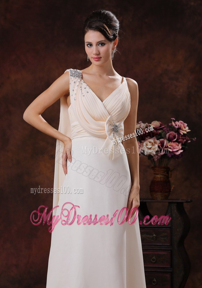 Champagne V-neck Chiffon Beaded Prom Dress With Watteat Train