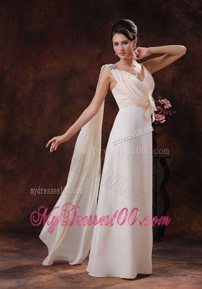Champagne V-neck Chiffon Beaded Prom Dress With Watteat Train