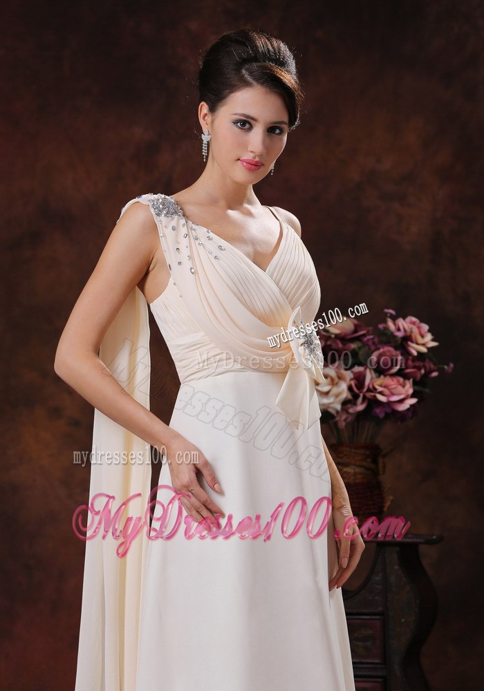 Champagne V-neck Chiffon Beaded Prom Dress With Watteat Train