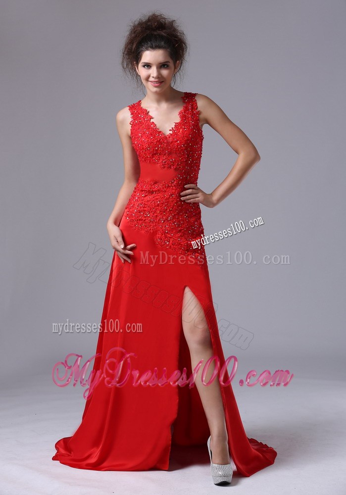 Wine Red Column V-neck Prom Dress with Side Slit of Brush Train