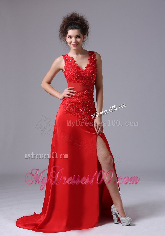 Wine Red Column V-neck Prom Dress with Side Slit of Brush Train