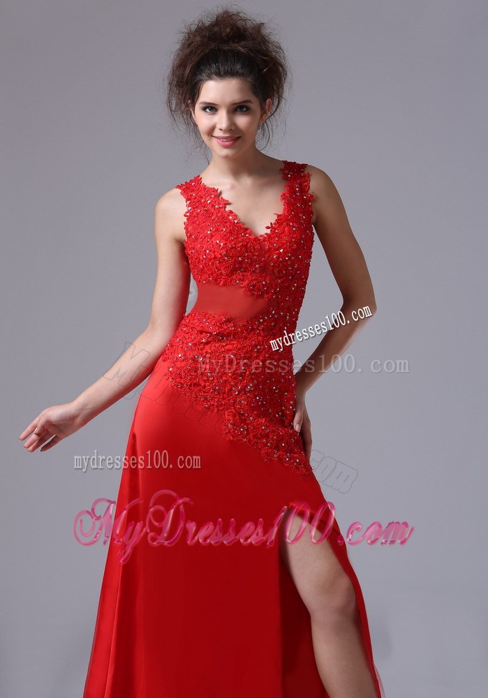 Wine Red Column V-neck Prom Dress with Side Slit of Brush Train