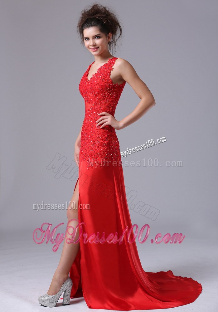 Wine Red Column V-neck Prom Dress with Side Slit of Brush Train