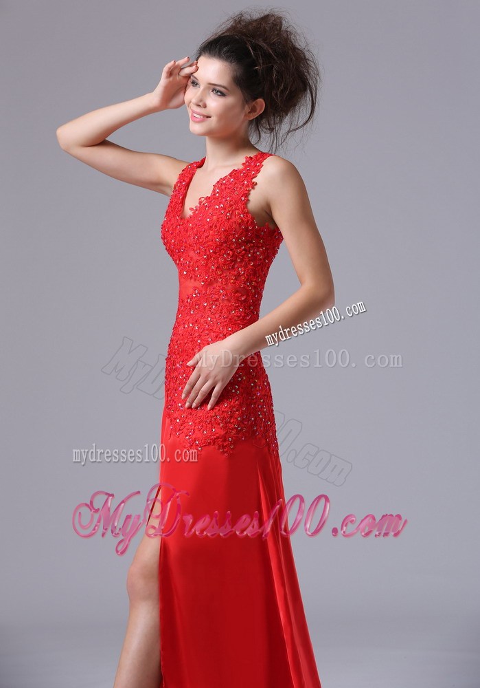 Wine Red Column V-neck Prom Dress with Side Slit of Brush Train