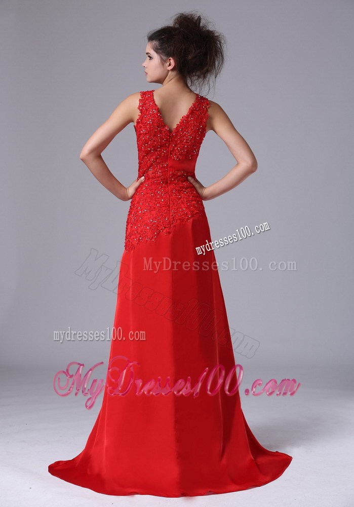 Wine Red Column V-neck Prom Dress with Side Slit of Brush Train
