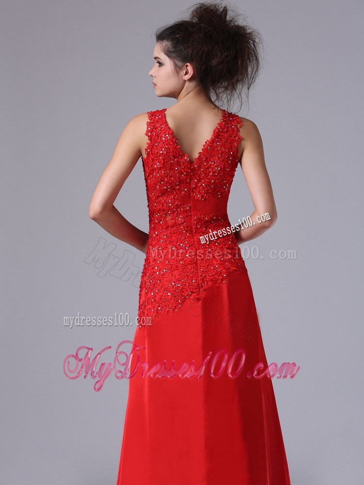 Wine Red Column V-neck Prom Dress with Side Slit of Brush Train